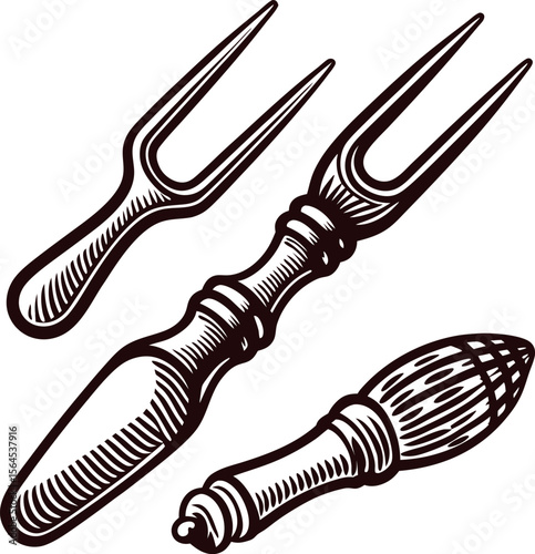 Hand drawn illustration of vintage meat fork and sauce brush with wood handle isolated on white background