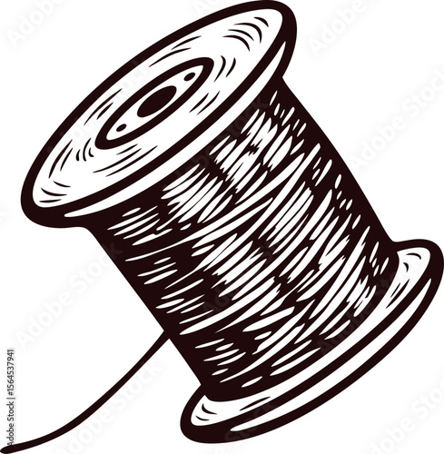 Hand drawn spool of thread illustration vintage sewing tool sketch with detailed line art for crafting and tailoring designs