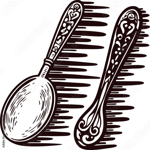 Vintage engraved spoons with ornate floral handles isolated on white background hand drawn kitchen utensil illustration