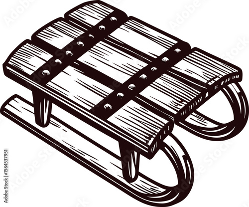 Vintage wood sled isolated on white background hand drawn winter toboggan illustration in retro engraved