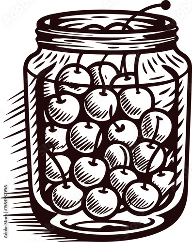Hand drawn jar filled with ripe cherries vintage black line art illustration on white background