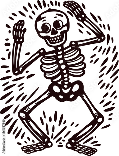 Hand drawn dancing skeleton with raised arms and expressive lines sketch illustration