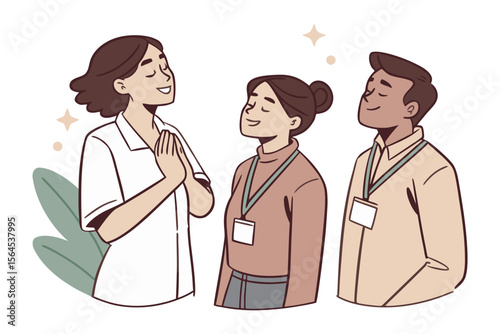 Three diverse individuals with closed eyes and serene expressions radiating positivity and inner peace with subtle sparkling accents