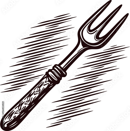 Hand drawn vintage meat fork illustration with ornate handle and sketch lines on white background