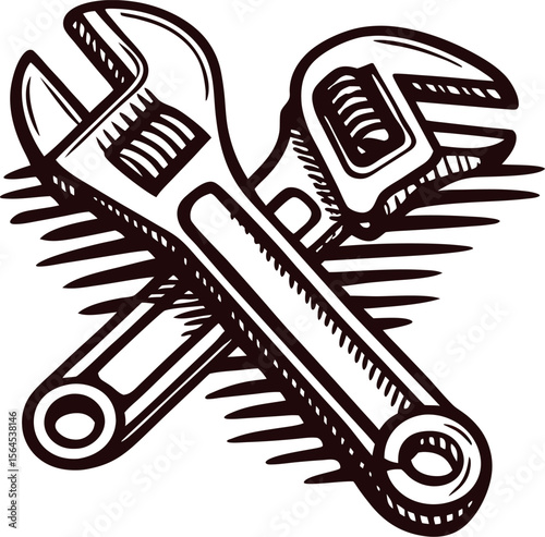 Vintage hand drawn crossed wrenches illustration retro adjustable tools sketch isolated on white background