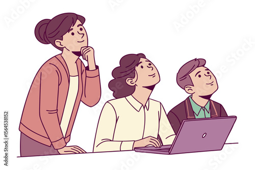 Three diverse people collaborating and looking upwards with a laptop presenting a shared vision or idea