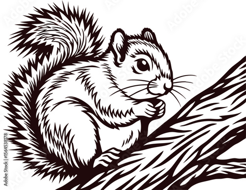 Hand drawn illustration of a fluffy squirrel sitting on a tree branch woodcut sketch on white background