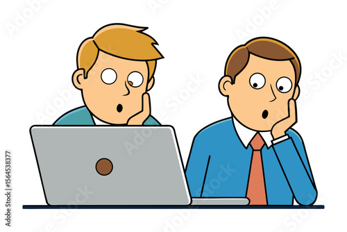 Two surprised businessmen staring at a laptop screen with wide eyes and open mouths in shock