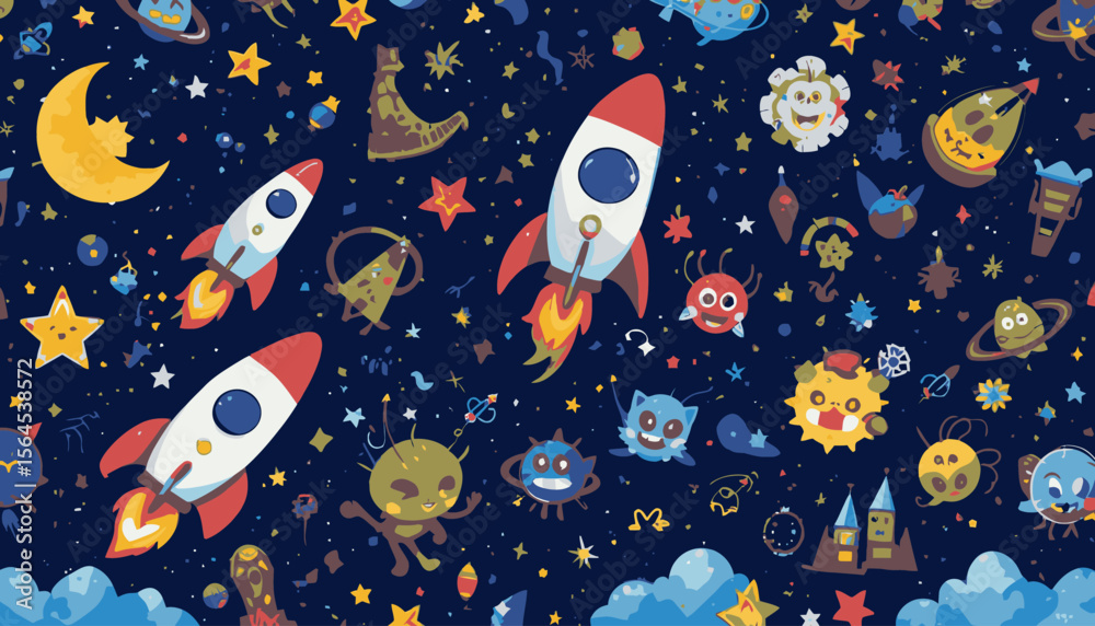 Naklejka premium Whimsical Space Pattern with Rockets and Stars