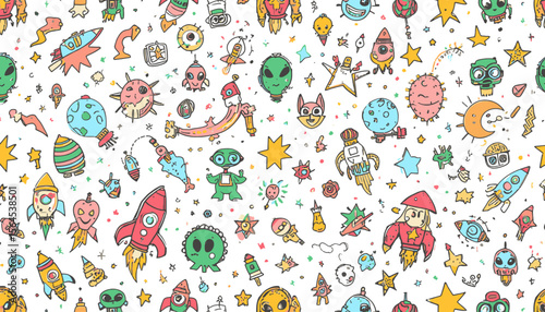 Cute Cartoon Space Illustration with Planets and Rockets