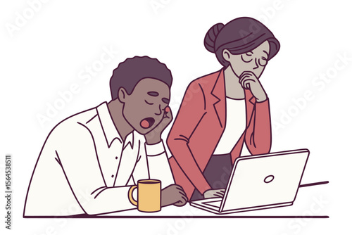 Two colleagues at a desk one yawning widely with hand covering mouth the other looking thoughtful while working on a laptop