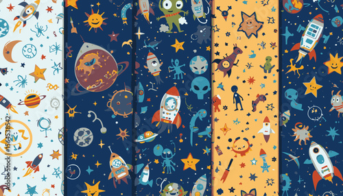 Cute Cartoon Space Illustration with Planets and Rockets