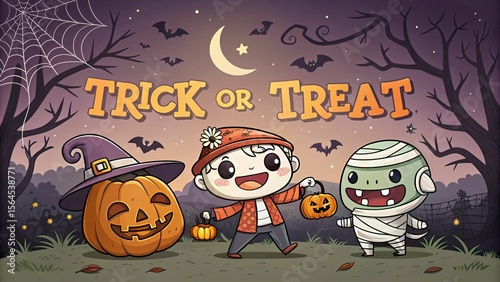 Two cute kids in halloween costumes trick or treating at night