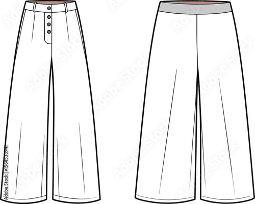 WebWomen’s high - waist wide - leg pants CAD drawing flat vector illustration, front & back view, button placket, elastic waist, seam details, apparel technical fashion sketch