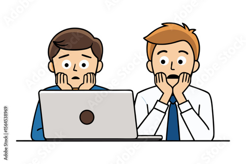 Two shocked cartoon businessmen with hands on their faces staring at a laptop screen in disbelief and concern