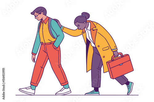 A supportive colleague offers encouragement to a student carrying a backpack and a briefcase