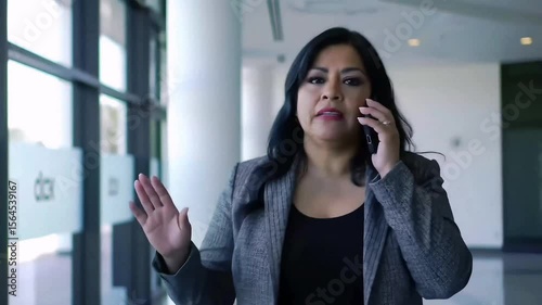 Businesswoman in office building speaking on phone, suitable for business presentations, communication concepts, and office environment visuals.