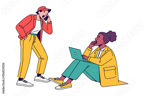 Two diverse colleagues in bright casual attire express surprise and deep thought while working remotely with a laptop and mobile phone