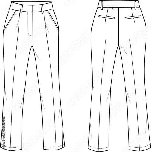 Women’s straight - leg dress pants CAD drawing flat vector illustration, front & back view, belt loops, pockets, tailored seams, apparel technical fashion sketch