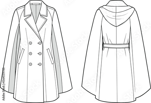 Women’s double breasted cape coat with hood technical fashion flat front and back views, minimalist line art garment sketch, CAD drawing flat vector illustration