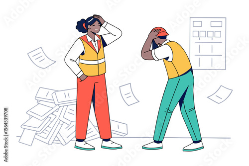 Two distressed construction workers holding their heads in frustration next to a large pile of documents and scattered papers