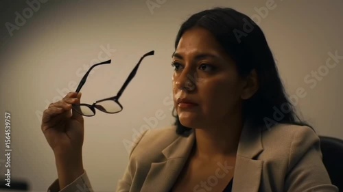 Pensive woman holding glasses indoors Suitable for articles, blogs, and social media posts about professionalism and introspection.