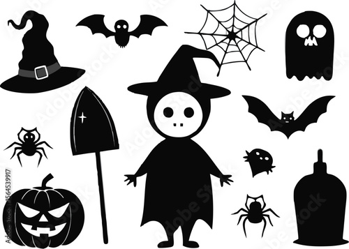 Halloween noir Silhouette Clipart ensemble de pompe fantôme squelette de sorcière araignée
