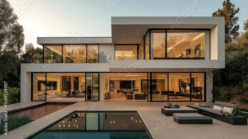 A modern house with pool and large windows reflecting interior lights at dusk from exterior view point a