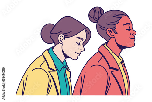 Two people with their eyes closed one with fair skin and a yellow jacket the other with darker skin and a coral jacket