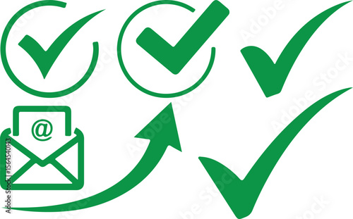 Collection of green checkmarks and email icon with upward arrow