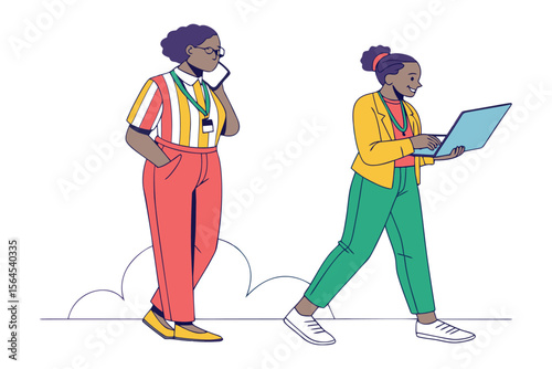 Two diverse businesswomen engaged in professional activities one on a phone call and the other using a laptop conveying modern work dynamics