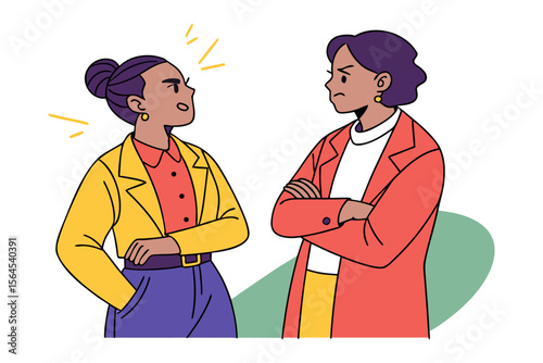 Two women in business attire arguing with intense expressions and crossed arms conveying conflict and disagreement