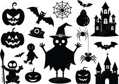 Halloween noir Silhouette Clipart ensemble de pompe fantôme squelette de sorcière araignée