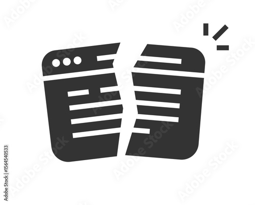 Broken website webpage link icon simple graphic solid black white silhouette, crashed hacked web site glyph sign symbol pictogram, unavailable 404 page not found
