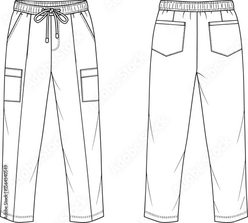 Cargo pants sketch, front and back view, drawstring waist design, multiple pockets layout, detailed stitching illustration, cad outline artwork, cad drawing flat vector illustration