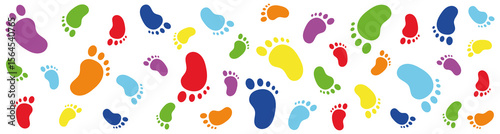 Colorful baby footprints banner. Multicolored foot prints. Cute children's feet design for kids decor, baby shower, textile, background, web banner, or nursery