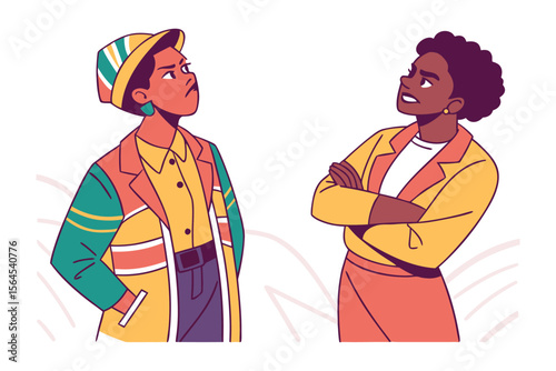Two women with different styles and attitudes facing each other with serious expressions
