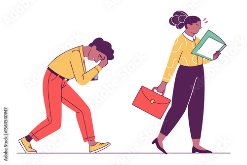 Two stylized people in modern clothing walk in opposite directions one looking down in distress the other focused on a document