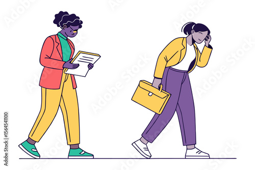 Two women in casual business attire walking one focused on documents the other appearing stressed or tired