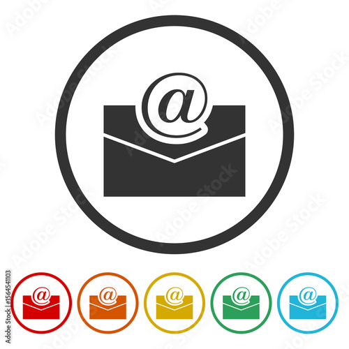 Email icon illustration. Set icons in color circle buttons