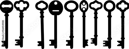 a series of black door keys in a row, silhouette, vector, black and white
