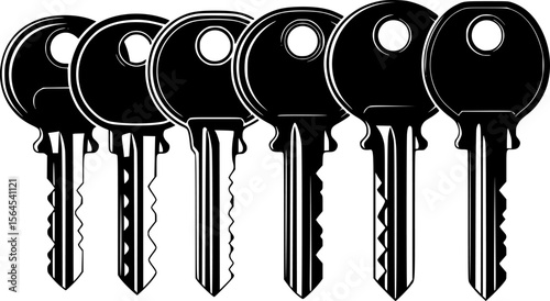 a series of black door keys in a row, silhouette, vector, black and white