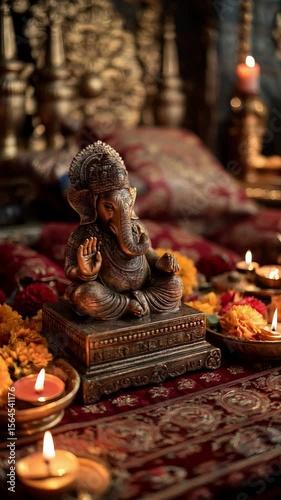 A bronze statue of Lord Ganesha sits on a decorative pedestal. Surrounding it are candles, flowers, and traditional Indian decor, symbolizing Ganesh Chaturthi celebrations