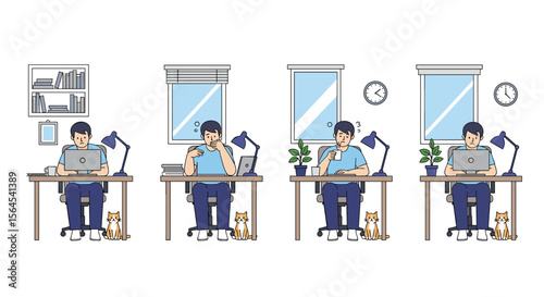 Man working at a desk with a small dog companionship