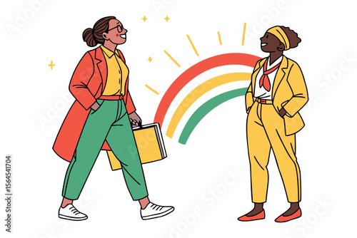 Two stylish women in colorful outfits sharing a positive moment with a rainbow and sparkling stars in the background