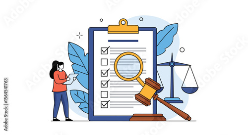 Legal document review and compliance check with justice scales and gavel