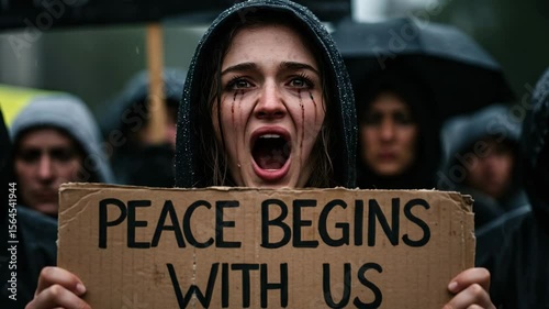 Determined woman holding peace sign during a rainy protest, emphasizing grassroots movements for global harmony