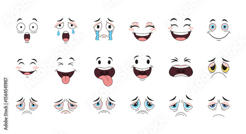 Collection of expressive cartoon faces showing diverse emotions and reactions