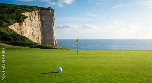 Coastal golf course with a cliff backdrop