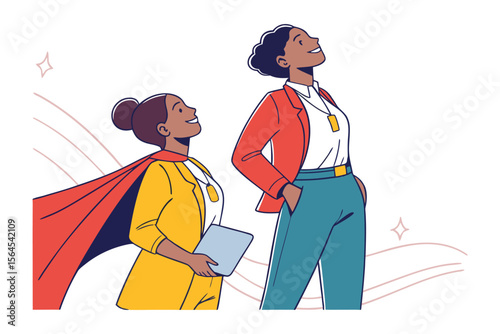 Two confident women one with a superhero cape looking upwards with pride and ambition